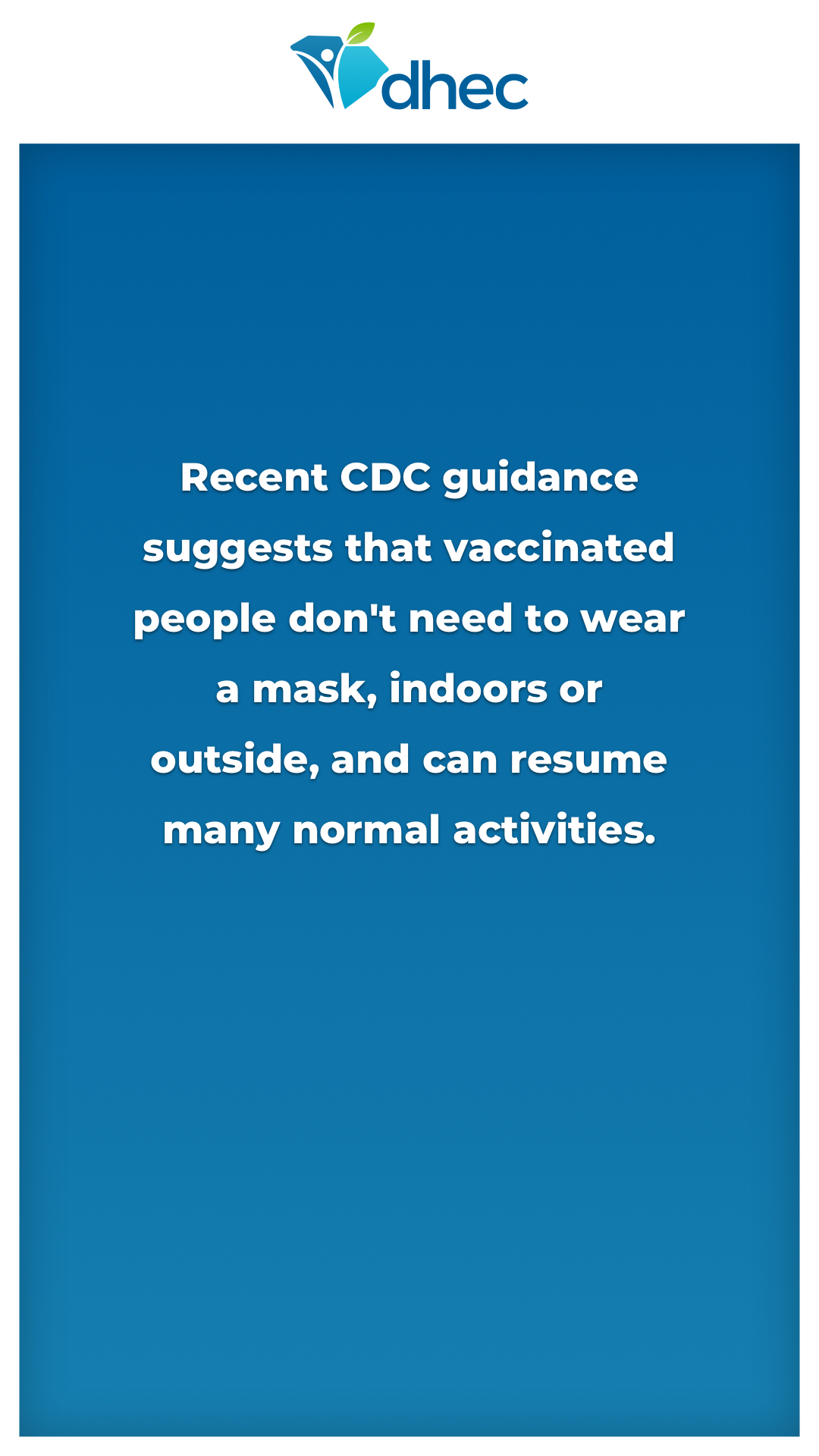 Recent CDC guidance suggests that vaccinated people don't need to wear a mask, indoors or outside, and can resume many normal activities.